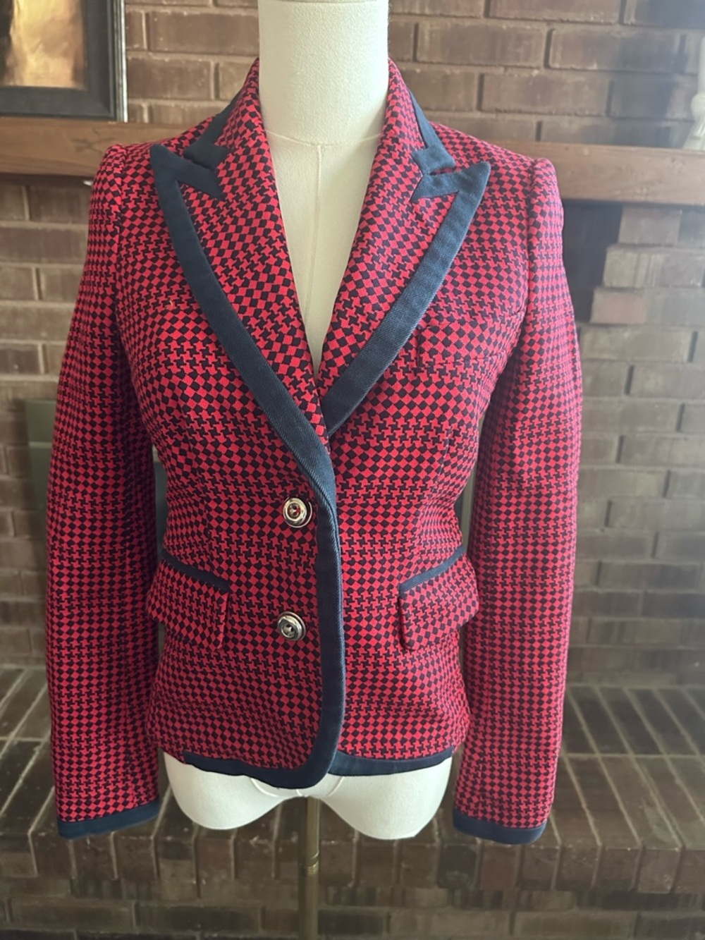 Juicy Couture Red Navy Houndstooth Prep Blazer Extra Small Academic Chic